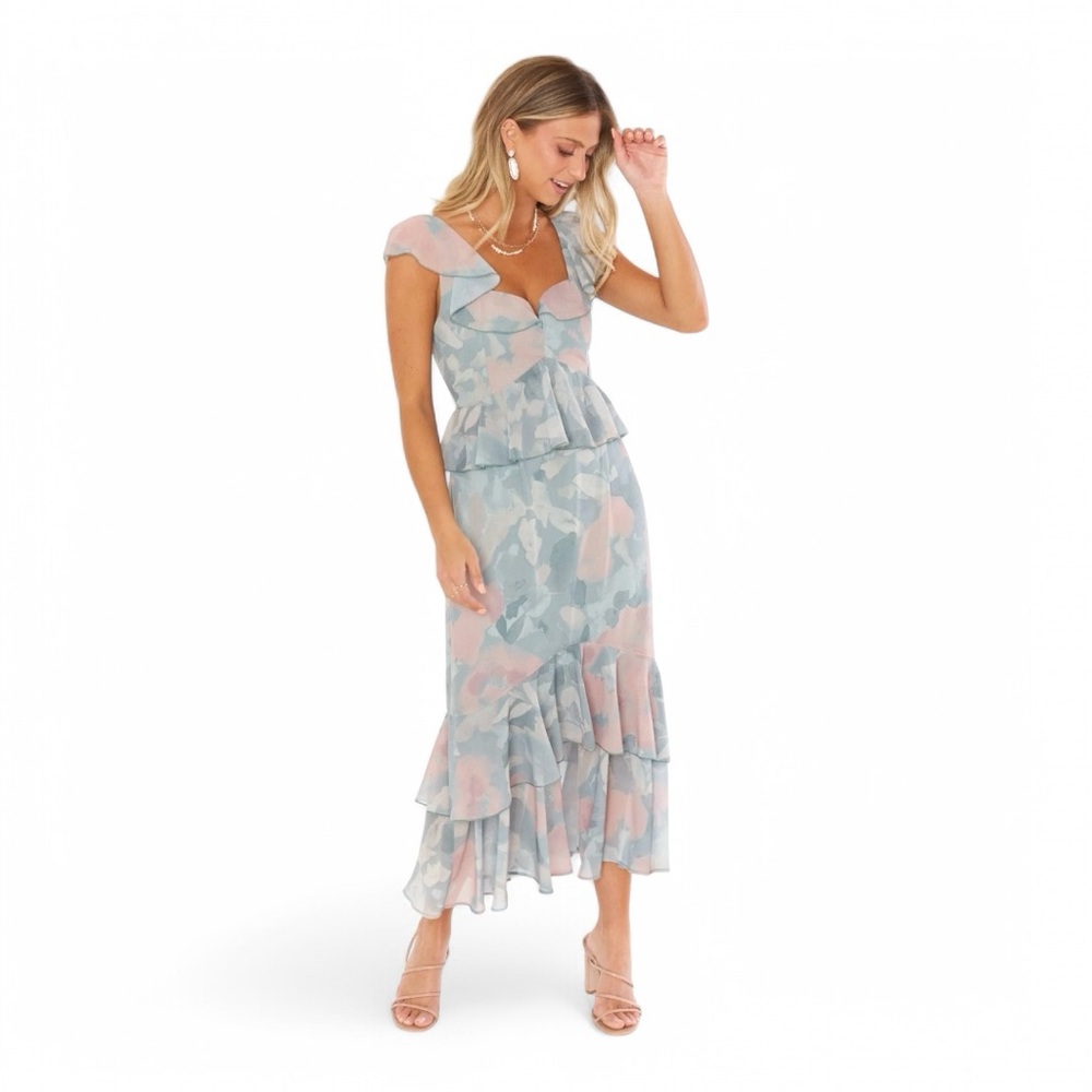 Show Me Your Mumu Reese Ruffle Dress, sage green floral midi dress, Medium